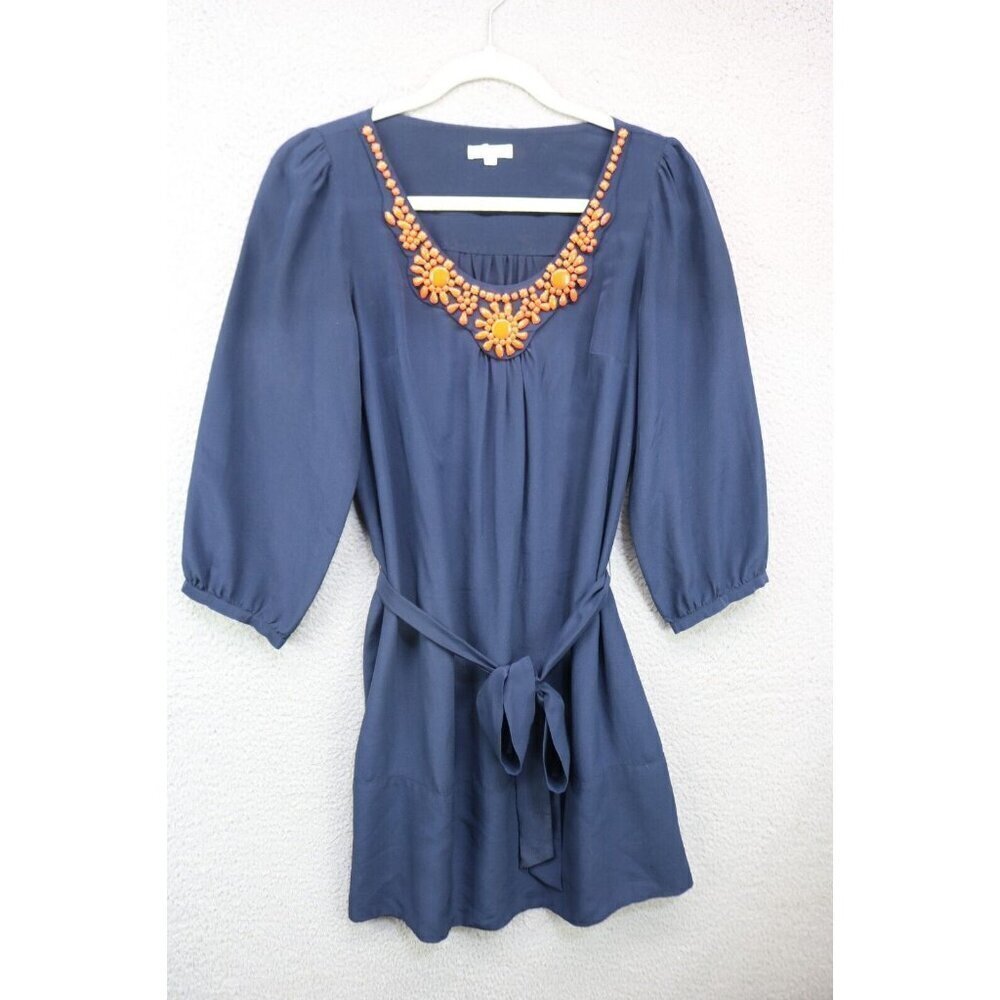 Shoshanna 100% Silk Beaded Navy Blue Dress-Size 4-Belted